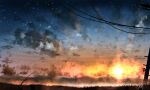  absurdres chinese_commentary cloud commentary grass highres mountain no_humans original outdoors power_lines rune_xiao scenery signature sky star_(sky) starry_sky still_life sun sunset 