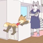  1:1 anthro appliance canid canine clothed clothing disappointed duo ekaki510 feet female flippers fox fridge humanoid_feet kemono kitchen_appliance mammal plantigrade procyonid raccoon 