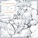  2boys bara covered_nipples dragon_ball dragon_ball_super earphones english_text father_and_son glasses greyscale highres holding large_pectorals looking_at_another male_focus monochrome multiple_boys muscular muscular_male pants pectorals powersalad2022 shirt short_hair sitting son_gohan son_goku spiked_hair tank_top watch wristband wristwatch yaoi 