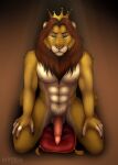  abs anthro balls crown felid feline fenn.perrox genitals headgear hi_res kneeling lion looking_at_viewer male mammal pantherine penile_spines penis pillow presenting seductive solo zilvus 