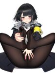  1girl absurdres arknights arknights:_endfield ateoyh black_eyes black_hair black_jacket black_pantyhose blush covering_privates feet female_endministrator_(arknights) grin highres jacket looking_at_viewer pantyhose simple_background sitting smile solo white_background 