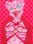  anthro bdsm blue_eyes bondage bound candy clothed clothing dessert destielconfession_(karina_farek) drawfee drawfee_(copyright) english_text fangs food food_in_mouth fur heart_(marking) holidays jumpstart_games karina_farek kougra male markings neopet_(species) neopets open_clothing open_shirt open_topwear restraints rope rope_bondage rope_harness round_ears sharp_teeth shirt solo striped_body striped_fur stripes teeth text tongue tongue_out topwear valentine&#039;s_day 
