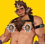  1boy abs animal_ears arm_belt bara beard blush brown_hair censored censored_nipples character_censor chest_belt chibi chibi_inset cow_ears dark-skinned_male dark_skin facial_hair forked_eyebrows gh_himainu large_pectorals long_hair long_sideburns looking_at_viewer male_focus mature_male multicolored_hair muscular muscular_male navel navel_hair nipples novelty_censor one_eye_closed original pectorals ponytail sideburns solo stomach streaked_hair sweatdrop thick_eyebrows tusks unfinished upper_body yellow_background 