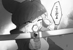  1girl aiming aiming_at_viewer animal_ears ao_oni_(onioni-aoi) arknights blood blood_on_face blurry bow braid commentary_request crossbow greyscale hair_bow hand_up hatching_(texture) highres holding holding_crossbow holding_weapon kokodayo kroos_(arknights) linear_hatching looking_at_viewer monochrome one_eye_closed open_mouth outstretched_arm rabbit_ears scratches short_hair side_braids solo translated twin_braids unusually_open_eyes weapon 
