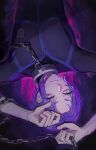  1boy blue_lock chain closed_mouth collar commentary highres holding holding_chain koumimi long_sleeves lying male_focus mikage_reo purple_eyes purple_hair purple_theme short_hair solo sportswear upper_body 