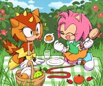  2girls amy_rose apple brown_hair food fruit gloves horns leaf--storm looking_at_another multiple_girls open_mouth picnic picnic_basket pink_hair ribbon smile sonic_(series) sonic_superstars spoilers strawberry trip_the_sungazer white_gloves 