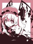  1girl ascot commentary_request crystal flandre_scarlet greyscale hat hat_ribbon looking_at_viewer medium_hair mob_cap monochrome nagare one_side_up open_mouth ribbon short_sleeves skirt solo touhou vest wings 