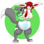 bandai_namco belly big_belly big_breasts breasts digimon digimon_(species) digiwolx_(character) duo eeveelution female female/female generation_4_pokemon glaceon green_nipples hi_res nintendo nipples pokemon pokemon_(species) renamon vlea vlea_(vglaceon) vore 