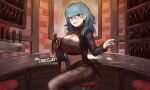  1girl artist_name black_jacket black_pantyhose black_shorts blue_eyes blue_hair bottle breasts byleth_(female)_(fire_emblem) byleth_(fire_emblem) chocojax cleavage commentary fire_emblem fire_emblem:_three_houses highres indoors jacket large_breasts long_hair long_sleeves midriff navel open_clothes open_jacket pantyhose shorts sitting solo stomach strapless thighs tube_top 