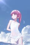  1girl alternate_costume arms_behind_back bare_shoulders bird blue_eyes blue_sky blunt_bangs blurry blurry_background blush braid closed_mouth cloud collarbone commentary contrapposto covered_navel cowboy_shot day dress french_braid highres holding_own_arm kaf_(kamitsubaki_studio) kamitsubaki_studio lens_flare looking_to_the_side medium_hair multicolored_eyes ocean outdoors pink_hair ponytail red_eyes ryuuforkaf sky solo spaghetti_strap sundress sunlight virtual_youtuber wading waves wet wet_clothes wet_hair white_dress yellow_pupils 