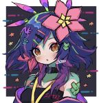  1girl :o bare_shoulders black_background black_choker blush border breasts choker collarbone colored_skin dokumi flower green_skin hair_flower hair_ornament hairclip highres jacket league_of_legends looking_at_viewer medium_hair multicolored_hair neeko_(league_of_legends) off_shoulder orange_eyes pink_flower pink_hair pink_jacket purple_hair small_breasts solo two-tone_hair white_border 