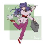  1girl bird blush chinese_clothes closed_eyes crying double_bun duck food glasses hair_bun mnr1888 mousse_(duck)_(ranma_1/2) noodles purple_hair ramen ranma_1/2 red_eyes red_footwear sad shampoo_(ranma_1/2) standing standing_on_one_leg 