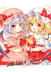  2girls :d ascot bat_wings blonde_hair blue_hair bow brooch crystal dress fang flandre_scarlet grey_dress hat hat_bow jewelry looking_at_viewer mimi_(mimi_puru) mob_cap multiple_girls one_side_up open_mouth pointy_ears red_bow red_eyes red_vest remilia_scarlet short_hair siblings sisters skin_fang smile touhou vest wings yellow_ascot yuri 