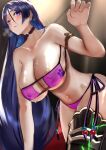  1girl armlet bare_shoulders beads bikini blush breasts choker cleavage collarbone eyepatch_bikini fate/grand_order fate_(series) highres jikihatiman large_breasts leaning_forward long_hair looking_at_viewer minamoto_no_raikou_(fate) minamoto_no_raikou_(swimsuit_lancer)_(fate) navel parted_bangs purple_bikini purple_eyes purple_hair solo sweat swimsuit thighs very_long_hair 