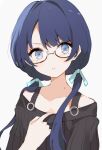  1girl absurdres aqua_ribbon black_shirt blue_eyes blue_hair commentary_request dark_blue_hair glasses grey_background hair_ribbon highres light_frown long_hair looking_at_viewer low_twintails mole mole_on_collarbone nagisa_iori off-shoulder_shirt off_shoulder original partial_commentary ribbon semi-rimless_eyewear shirt simple_background solo twintails under-rim_eyewear upper_body 