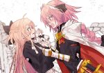  1boy 1girl astolfo_(fate) blonde_hair blood blood_on_clothes blood_on_face facing_another fate_(series) hetero highres koyashaka liss_meier_(koyashaka) long_hair long_sleeves multicolored_hair original otoko_no_ko pink_hair purple_eyes shouting torn_clothes white_background white_hair yellow_eyes 