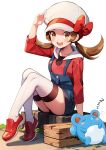  1girl :d absurdres baozi_9527 bow brown_eyes brown_hair cabbie_hat commentary_request from_side hand_on_headwear hat hat_bow highres long_hair lyra_(pokemon) marill open_mouth pokemon pokemon_(creature) pokemon_(game) pokemon_hgss red_bow red_footwear red_shirt shirt shoes sitting smile teeth thighhighs twintails upper_teeth_only white_background white_headwear 