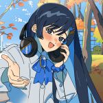  1girl autumn_leaves beckoning black_hair blue_bow blue_bowtie blue_brooch blue_eyes blue_hair blue_sky blush bow bowtie cable cevio collared_shirt colored_inner_hair commentary_request day futaba_minato grey_shirt hair_ornament hairclip head_tilt headphones headphones_around_neck highres holding holding_headphones long_hair long_sleeves looking_at_viewer momonosa_oekaki multicolored_hair outdoors outstretched_hand reaching reaching_towards_viewer scrunchie shirt sky smile solo tearing_up tree upper_body wrist_scrunchie 