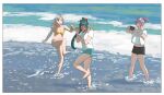  3girls alternate_costume antenna_hair aoba_(kancolle) barefoot beach bikini black_shorts blue_eyes blue_scrunchie breasts camera cleavage closed_eyes green_eyes green_hair green_shorts grey_hair grin highres irako_(kancolle) kantai_collection kinugasa_(kancolle) kinugasa_kai_ni_(kancolle) medium_breasts messy_hair multiple_girls ocean ojipon ponytail purple_hair scrunchie shirt shorts smile swimsuit wading waves white_shirt yellow_bikini 