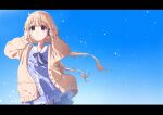  1girl blonde_hair blue_background blue_ribbon blue_shirt blue_skirt blurry blurry_foreground blush bow brown_cardigan brown_eyes cardigan dot_nose futaba_anzu hair_bow hands_up headphones highres idolmaster idolmaster_cinderella_girls idolmaster_cinderella_girls_starlight_stage letterboxed long_hair long_sleeves looking_at_another low_twintails neck_ribbon open_cardigan open_clothes parted_lips plaid plaid_shirt ribbon shirt simple_background skirt solo standing twintails very_long_hair vivid_(key) 