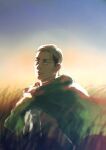  1boy backlighting blonde_hair blue_eyes capelet chiruchiru erwin_smith expressionless highres male_focus paradis_military_uniform shingeki_no_kyojin short_hair solo sunlight tearing_up thick_eyebrows upper_body wind 