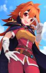  1girl :d belt blue_sky blush breasts brown_belt cloak cloud day fang gloves hair_between_eyes hair_intakes hand_on_own_hip hand_up highres lina_inverse long_hair looking_at_viewer orange_hair outdoors pants purple_cloak red_eyes red_pants red_shirt shirt short_sleeves sky slayers small_breasts smile solo v very_long_hair watermark white_gloves yoako 