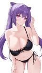  1girl bare_arms bare_shoulders black_bra black_panties bra breasts candy_shunya cleavage commentary cone_hair_bun cowboy_shot genshin_impact hair_bun hand_up highres keqing_(genshin_impact) large_breasts long_hair looking_at_viewer navel no_pants panties parted_lips purple_eyes purple_hair side-tie_panties simple_background solo standing stomach strap_slip twintails underwear very_long_hair white_background 