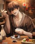  1boy 88blowfish88 alcohol black_hair blush cigarette closed_eyes commentary_request cup drunk food gintama highres hijikata_toushirou holding holding_cigarette indoors japanese_clothes male_focus open_mouth pectoral_cleavage pectorals sakazuki sake short_hair sitting solo sushi 