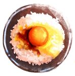  bowl egg_(food) egg_yolk food food_focus no_humans oikawa_2301 original rice rice_bowl simple_background still_life tamagokake_gohan white_background 