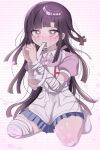  1girl apron bandaged_arm bandaged_leg bandages bandaid bandaid_on_knee bandaid_on_leg blue_skirt blush brown_eyes collared_shirt danganronpa_(series) danganronpa_2:_goodbye_despair full_body hands_up highres inu_nui long_hair miniskirt mole mole_under_eye own_hands_together pink_shirt pleated_skirt puffy_short_sleeves puffy_sleeves purple_hair shirt shoes short_sleeves skirt tears tsumiki_mikan two-tone_shirt white_apron white_shirt 