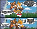  anthro badger blue_archer_(artist) bodily_fluids canid canine cliff clothing cloud colored comic duo female fox hi_res male male/female mammal miles_prower mustelid musteline plant redesign sega sky sonic_boom sonic_the_hedgehog_(series) sticks_the_jungle_badger sweat tree 
