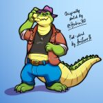  1:1 2015 2023 3_toes 4_fingers alligator alligatorid anilover16 anthro bottomwear brok_(character) brok_the_investigator clothing color_edit colored crocodilian feet fingers hat headgear headwear hi_res hubie360 male pants reptile scalie shirt solo text third-party_edit toes topwear 