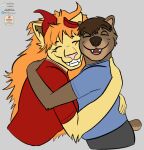  anthro artrogero_(artist) bear broken_horn demon duo embrace felid female hi_res horn hug hybrid lion male mammal mature_female pantherine watermark 