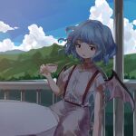 1girl blue_hair blue_sky cloud commentary_request cup day flat_chest holding holding_cup on_chair open_mouth pants red_eyes remilia_scarlet retrochaossan shirt short_hair short_sleeves sitting sky solo suspenders sweat table teacup touhou white_pants white_shirt wings 