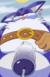  &lt;3 anthro balls belly belt big_the_cat blep bodily_fluids foreskin fur genital_fluids genitals glitchedweasel hi_res low-angle_view male overweight penis precum purple_body purple_fur sega solo sonic_the_hedgehog_(series) tongue tongue_out yellow_eyes 
