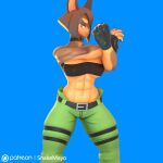  1:1 2023 3d_(artwork) abs anthro bandeau blue_background brown_body brown_fur brown_hair canid canine canis clothing collar digital_media_(artwork) dobermann dog_knight_rpg domestic_dog female fingerless_gloves fur gloves hair handwear hi_res mammal multicolored_body multicolored_fur muscular muscular_anthro muscular_female pinscher rory_(ceehaz) simple_background snakemayo solo stretching topwear two_tone_body two_tone_fur 