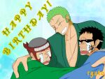  3boys artist_name bald black_hair closed_eyes crying earrings english_text facial_tattoo green_hair happy_birthday hug jewelry johnny_(one_piece) multiple_boys one_piece open_mouth roronoa_zoro scar scar_across_eye short_hair single_earring smile sunglasses tattoo wanwan-12 yosaku_(one_piece) 