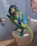  2023 anthro bathroom biped blonde_hair blue_hair bottomwear bottomwear_down breasts claws cleavage clothed clothing crouching digital_media_(artwork) dragon fangs female green_body hair headphones inside joyce_(totesfleisch8) looking_at_object looking_at_phone pants pants_down partially_clothed red_eyes scalie solo teeth toe_claws toilet toilet_brush totesfleisch8 