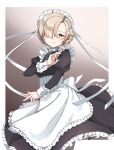  1girl apron as4gi azur_lane black_dress blunt_bangs closed_mouth dated dress frilled_apron frills hair_between_eyes hair_over_one_eye hands_up highres juliet_sleeves light_blush long_sleeves looking_at_viewer maid maid_headdress orange_eyes puffy_sleeves sheffield_(azur_lane) simple_background smile solo twitter_username 