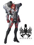  1girl arms_at_sides bodysuit breasts clenched_hands cyborg dark-skinned_female dark_skin eidenjyou1997 full_body highres horns kamen_rider looking_at_viewer medium_breasts red_hair short_hair shoulder_cannon solo standing white_background yellow_eyes 