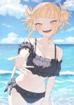  1girl bare_shoulders bikini black_bikini blonde_hair blue_sky blush boku_no_hero_academia breasts cloud cloudy_sky collarbone commentary day double_bun fangs frilled_bikini frills hair_bun highres horizon kiina_(mrnsor) medium_breasts messy_hair navel ocean off-shoulder_bikini off_shoulder open_hand open_mouth outdoors outstretched_arm reaching reaching_towards_viewer side-tie_bikini_bottom sidelocks sky slit_pupils smile solo stomach swimsuit symbol-only_commentary teeth toga_himiko water yellow_eyes 
