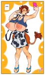  animal_print anthro apron areola big_areola big_breasts big_nipples bottomwear bovid bovine breast_growth breasts brown_hair bulge cattle clothing cow_print crackiepipe crackiepipe_(character) eyes_closed facial_piercing flip_flops footwear gender_transformation gesture growth gynomorph hair hi_res hooves horn huge_areola huge_breasts huge_nipples hyper hyper_breasts intersex male_(lore) mammal mtg_transformation mti_transformation nipples nose_piercing nose_ring piercing pink_nipples raised_tail ring_piercing sandals selfie shirt shorts smile solo species_transformation spots spotted_body tail tank_top topwear torn_clothing transformation under_boob v_sign wardrobe_malfunction 