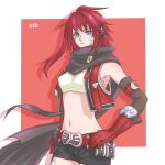  1girl arc_the_lad arc_the_lad_iii bandages belt blue_eyes breasts cheryl_(arc_the_lad) closed_mouth gloves highres long_hair looking_at_viewer navel oma red_gloves red_hair scarf short_shorts shorts solo 