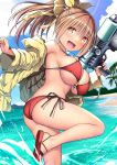  1girl :d absurdres ass beach bikini blue_sky blush breasts brown_eyes brown_hair cloud commentary_request day hair_ribbon highres holding holding_water_gun jacket kuromayu large_breasts long_hair looking_at_viewer open_mouth original outdoors ponytail red_bikini ribbon sandals side-tie_bikini_bottom sideboob sky smile solo standing swimsuit thighs twisted_torso water_gun yellow_jacket 