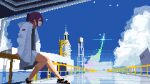  1girl animated animated_gif apo_(rairaru20001) blue_sky brown_hair building cloud day earrings jacket jewelry looking_afar original outdoors pixel_art railing rocket sandals sidelocks sitting sky solo spacecraft tower white_jacket wind 