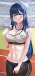  1girl absurdres alternate_costume bare_shoulders black_pants blue_archive blue_eyes blue_hair blush breasts cleavage closed_mouth clothes_lift collarbone commentary cowboy_shot halo highres long_hair looking_at_viewer medium_breasts midriff navel no_mask pants saori_(blue_archive) solo sports_bra sports_bra_lift standing sweat wavy_mouth white_sports_bra yoga_pants ziz_(pandora707) 