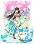  1girl black_hair blue_eyes breasts capelet cleavage commentary_request daffodil floating_hair flower gloves hair_flower hair_ornament highres holding holding_polearm holding_weapon kuzumochi_(kuzumochiya) long_hair looking_at_viewer medium_breasts navel original parted_lips polearm sarong shoes signature sky solo spear thighhighs very_long_hair water weapon white_capelet white_flower white_footwear white_gloves white_thighhighs 