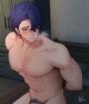  1boy abs arms_behind_back artist_name asa_ifrit_(asaifrit) bara blue_hair blush bound bound_wrists completely_nude earrings green_eyes highres honkai:_star_rail honkai_(series) jewelry large_pectorals male_focus male_pubic_hair muscular muscular_male navel nipples nude pectorals pubic_hair rope sampo_koski short_hair sitting solo twitter_username 