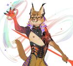 2023 anthro bassenji brown_body brown_fur brown_nipples brown_nose brown_tail claws clothed clothing countershading digital_media_(artwork) dungeons_and_dragons felid feline fur half-length_portrait hasbro hi_res holding_object latex_clothing magic magic_user male mammal multicolored_body multicolored_fur nipples orange_eyes portrait smile sparkles tail tan_body tan_countershading tan_fur tan_inner_ear teeth two_tone_body two_tone_fur wizards_of_the_coast 