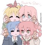  4girls artist_name blonde_hair blue_eyes blue_hair bocchi_the_rock! bow closed_eyes food gotoh_hitori green_eyes green_jacket grey_sweater holding holding_food ijichi_nijika jacket kita_ikuyo lucky_star multiple_girls pastry pink_hair pink_jacket polka_dot polka_dot_bow red_bow red_hair school_uniform serafuku sweater yamada_ryo yunayuispink 